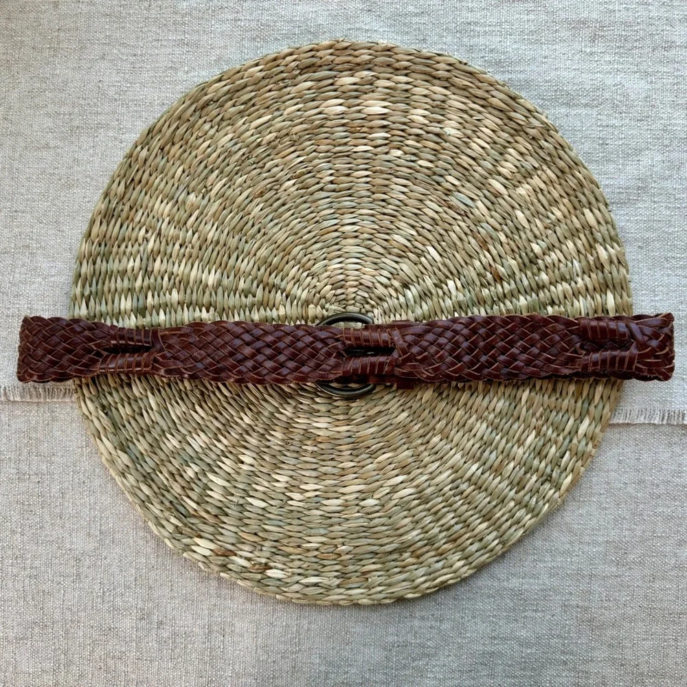 Gap Womens Brown Woven Leather Braided Belt Small Brass D-Ring Buckle Boho 40in